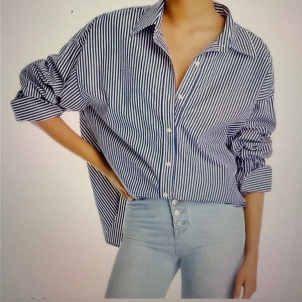 A.L.C. Navy and White Cotton Striped Button Down Shirt